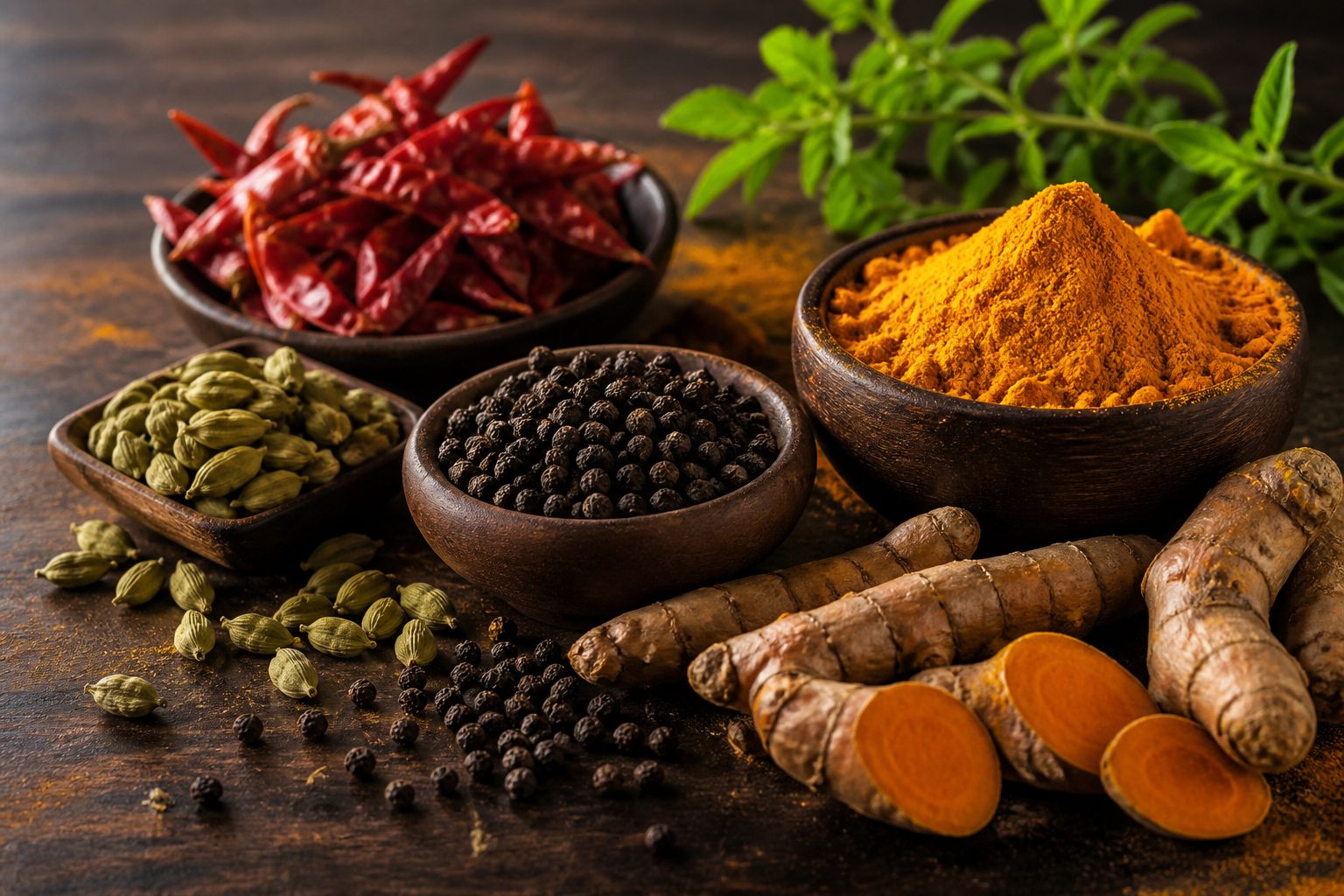 Turmeric, pepper, cardamom, and herbs arranged on dark wood
