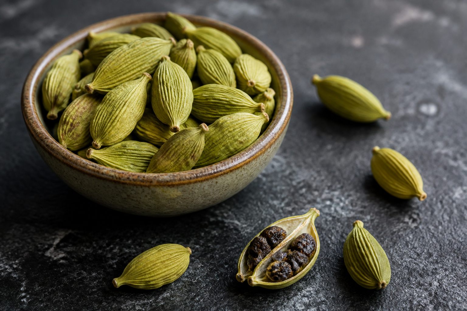 Green cardamom pods in a ceramic bowl