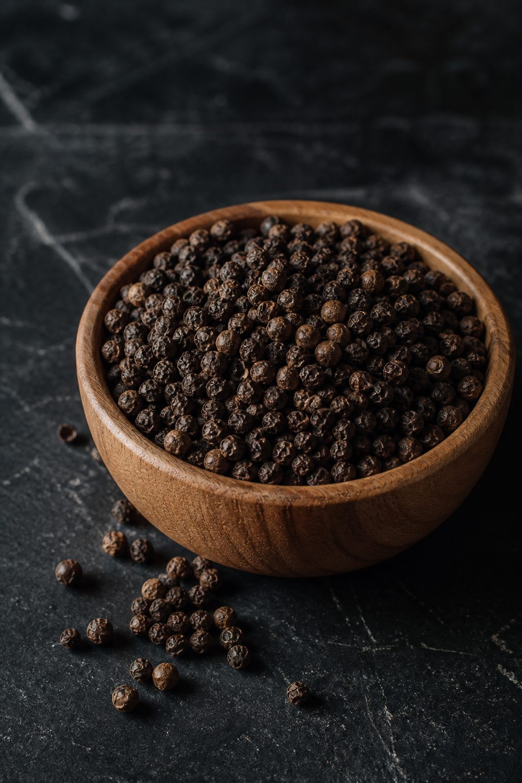 Wooden bowl filled with black peppercorns