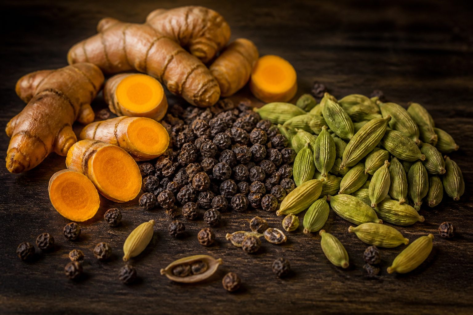 Mixed turmeric roots, peppercorns, and cardamom pods