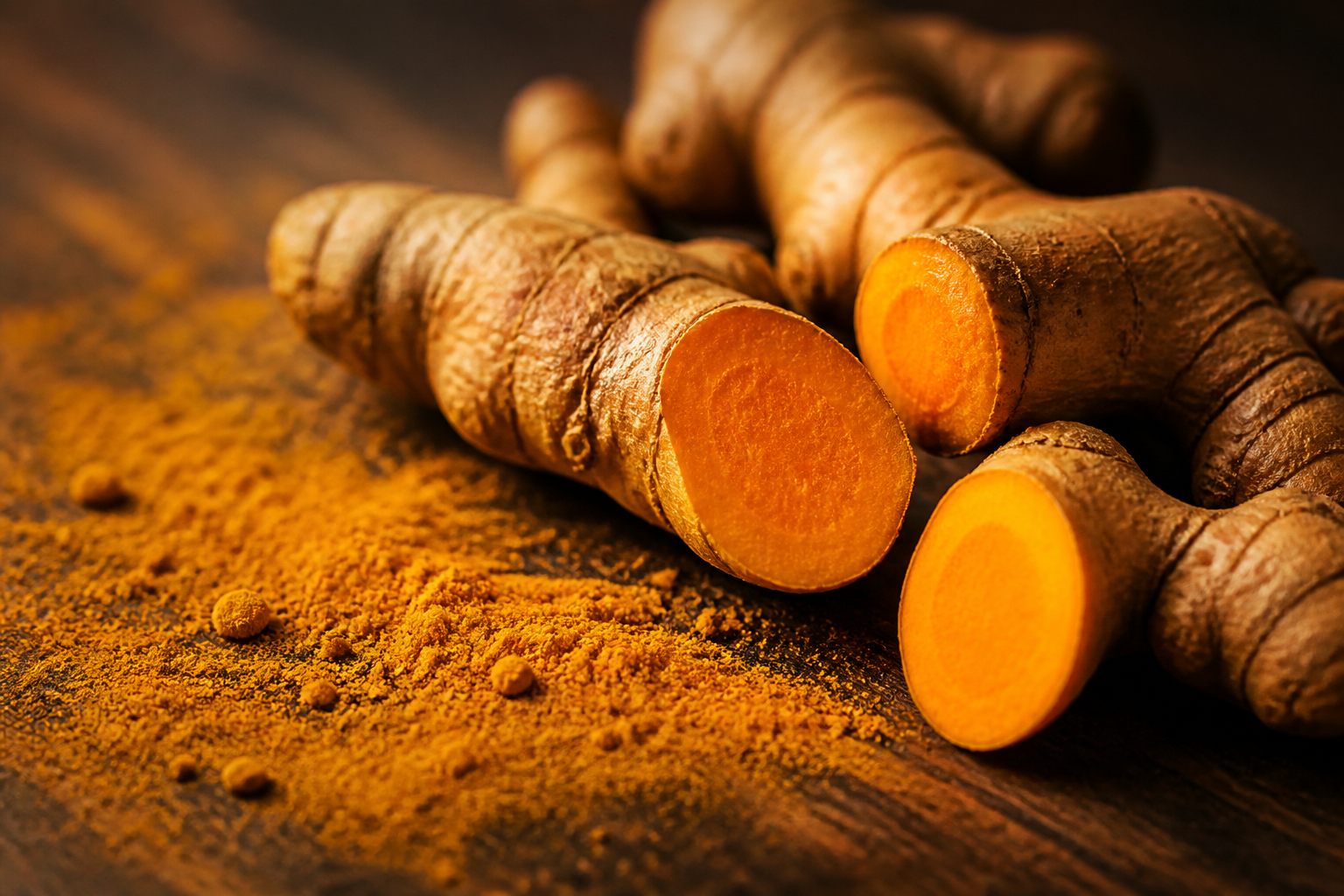 Raw turmeric rhizomes cut open