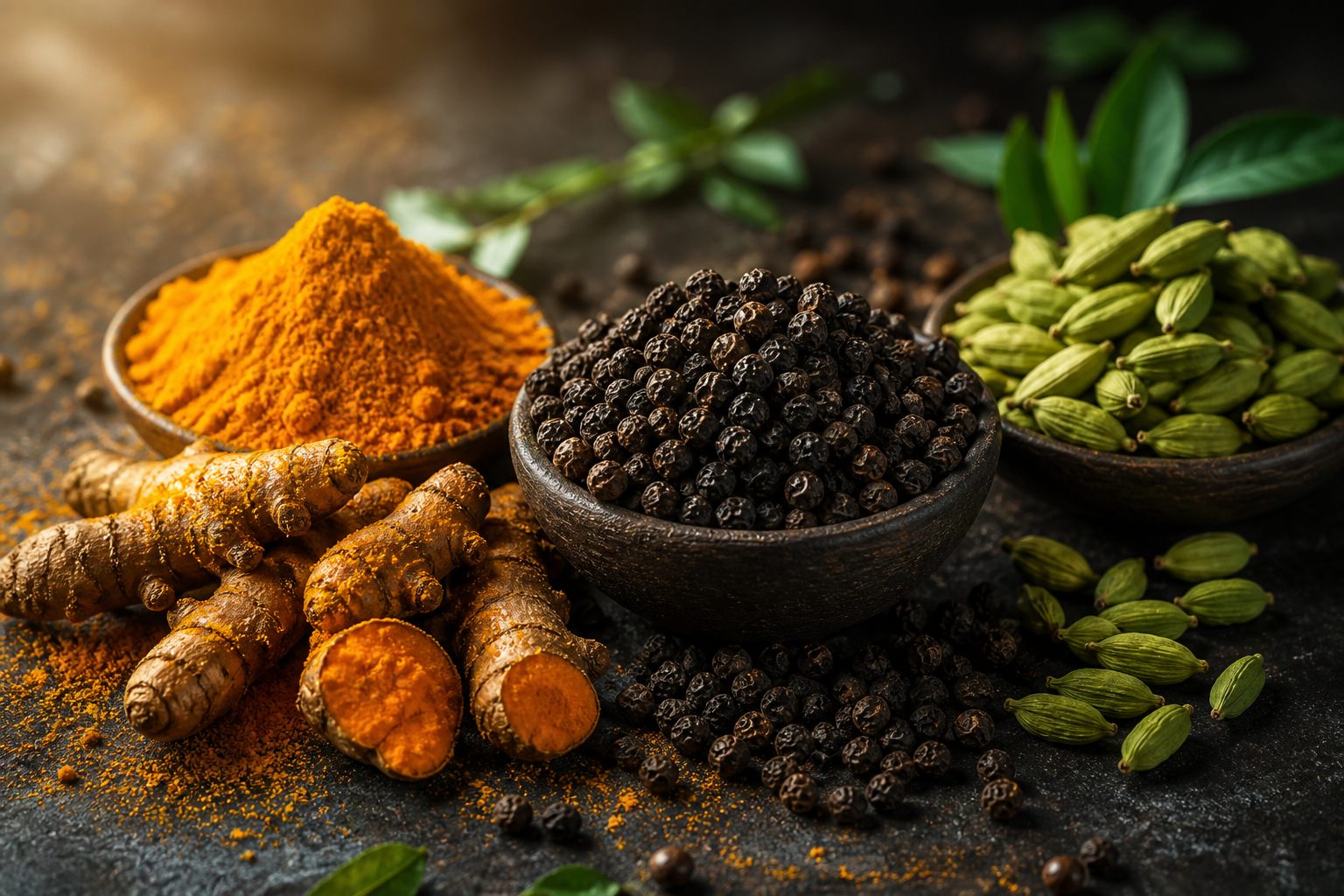 Turmeric, black pepper, and cardamom on dark stone