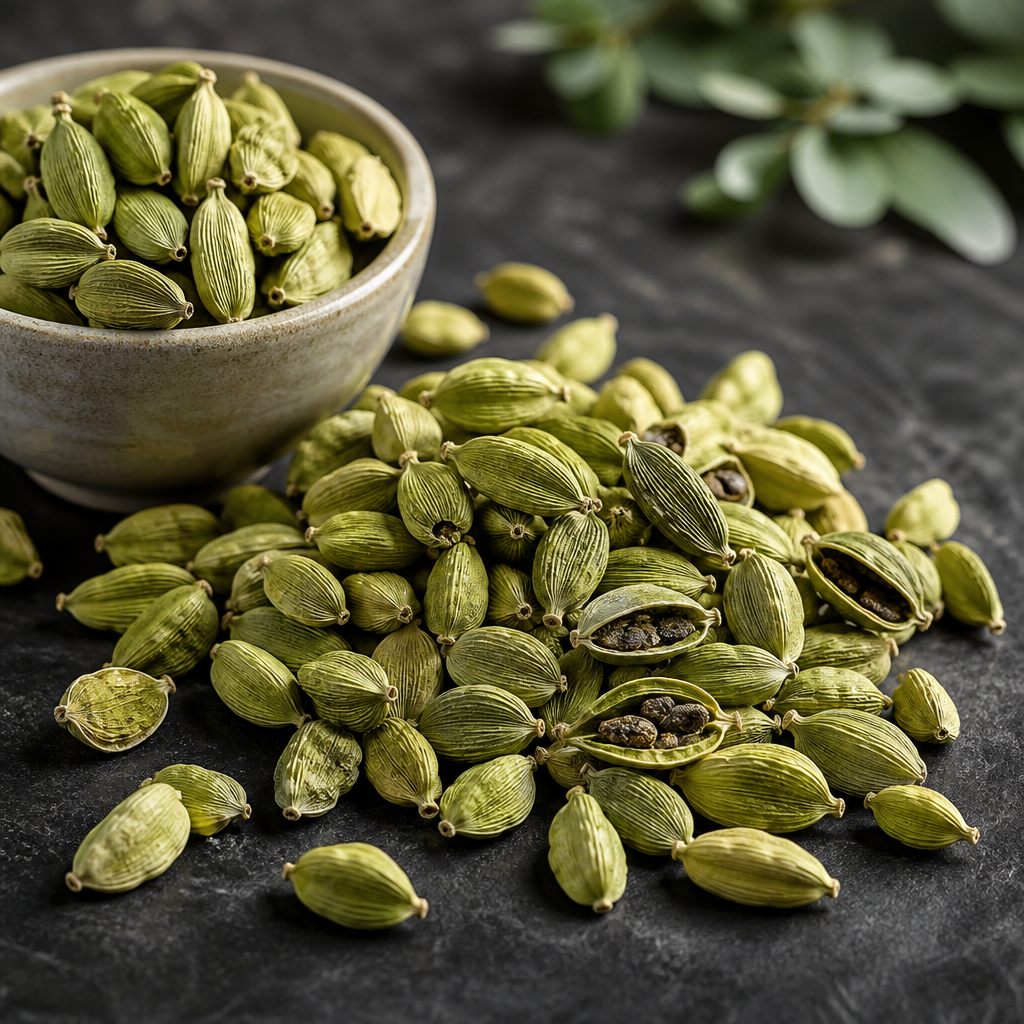Green cardamom pods with split pods showing seeds