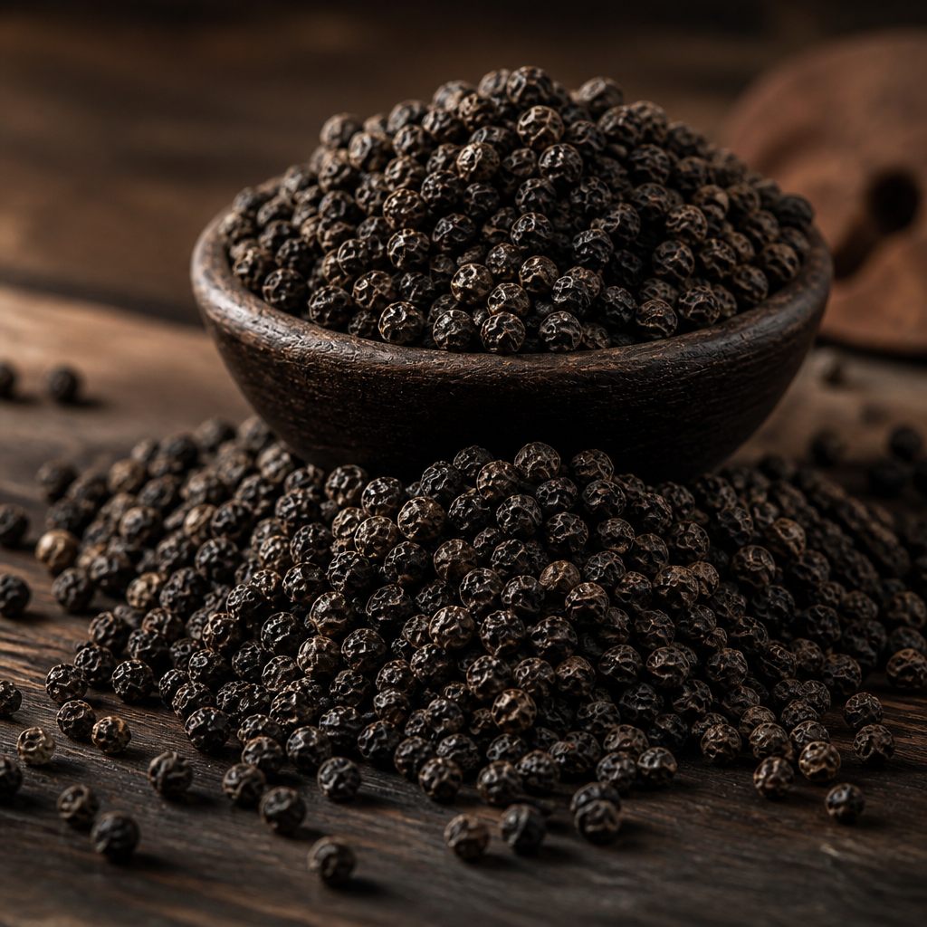 Whole black peppercorns in a wooden bowl