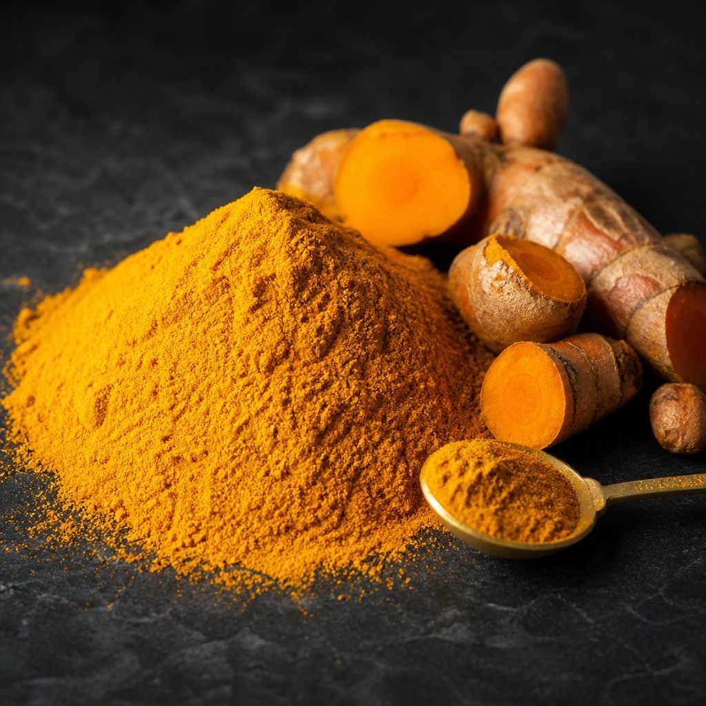 Golden turmeric powder with raw turmeric roots